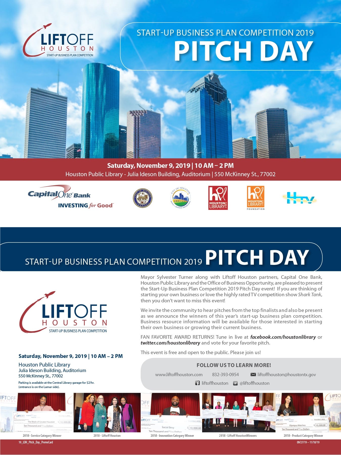 City of Houston Announces Liftoff Houston! Pitch Day 2019 Start-Up Business Plan Competition Finals | November 9, 2019